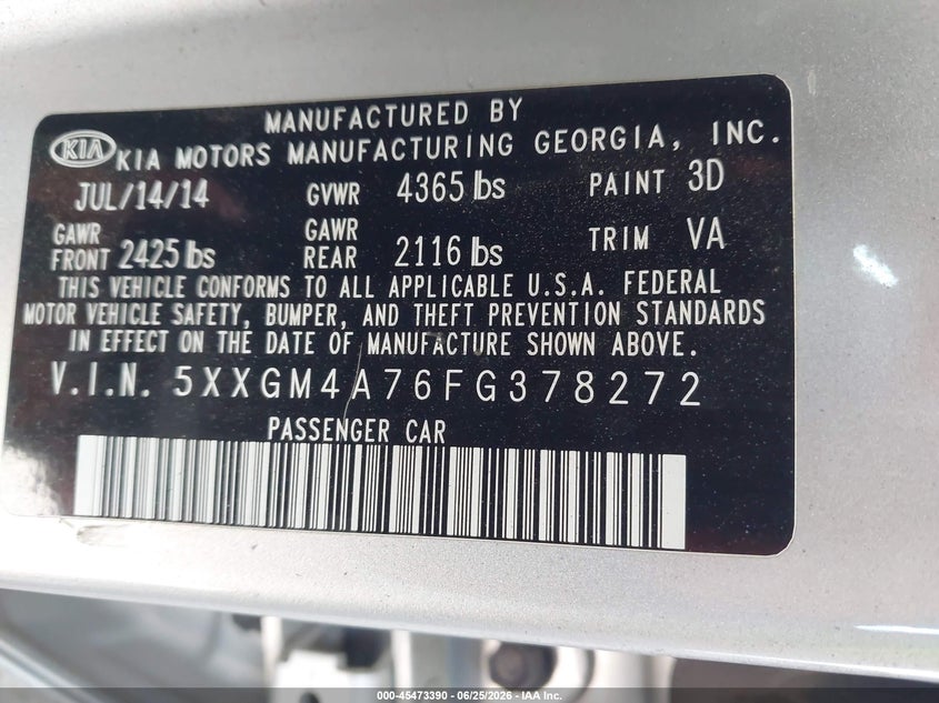 2015 Kia Optima VIN 5XXGM4A76FG378272 IAAI salvage auction — THEFT, Salvage (California), sold $575 on 2026-07-14 (photo 9)