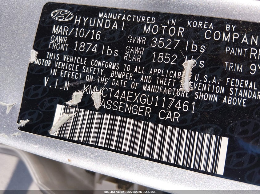 2016 Hyundai Accent VIN KMHCT4AEXGU117461 IAAI salvage auction — NORMAL WEAR, Original (Texas), sold $1,150 on 2026-07-20 (photo 9)