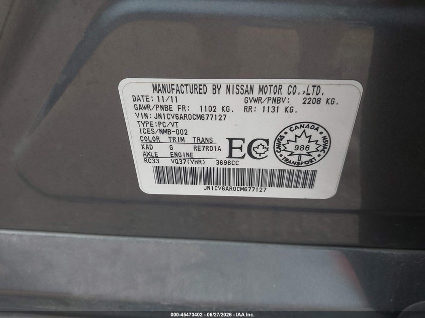 2012 Infiniti G VIN JN1CV6AR0CM677127 IAAI salvage auction — LEFT REAR, Original (Texas), sold $975 on 2026-07-29 (photo 9)