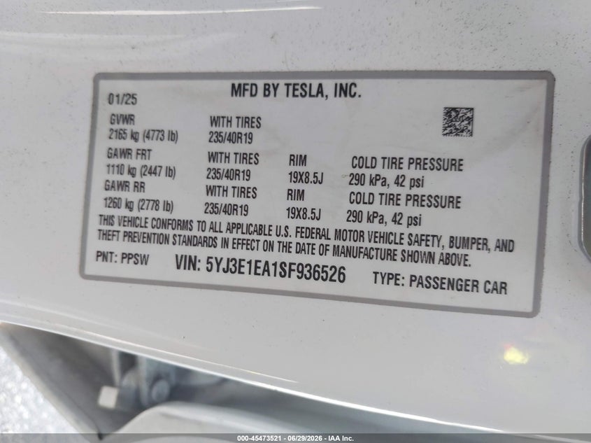 2025 Tesla Model 3 VIN 5YJ3E1EA1SF936526 IAAI salvage auction — NORMAL WEAR, Salvage Title, sold $12,100 on 2026-07-23 (photo 9)