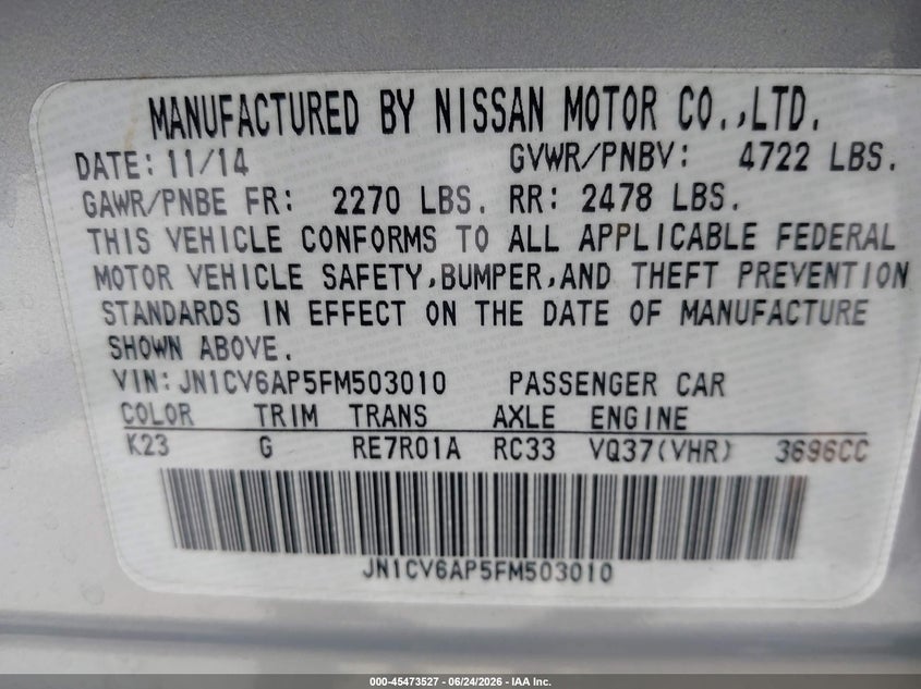 2015 Infiniti Q40 VIN JN1CV6AP5FM503010 IAAI salvage auction — THEFT, Salvage Title, sold $2,450 on 2026-07-19 (photo 9)