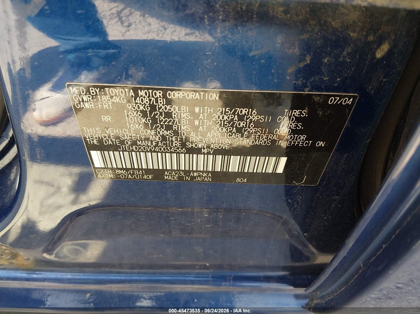 2004 Toyota Rav 4 VIN JTEHD20V940034566 IAAI salvage auction — NORMAL WEAR, Clear (Indiana), sold $1,575 on 2026-07-15 (photo 9)