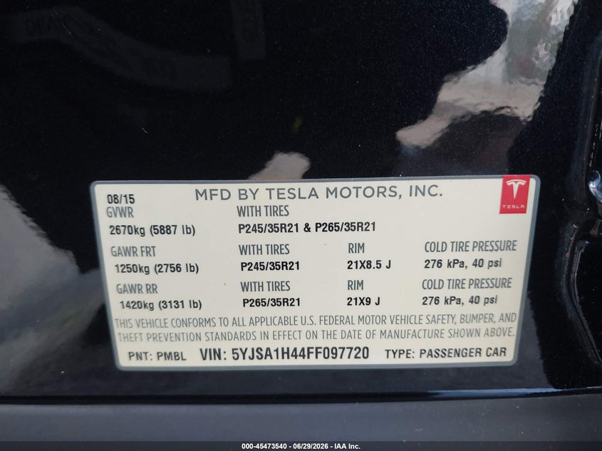 2015 Tesla Model s VIN 5YJSA1H44FF097720 IAAI salvage auction — NORMAL WEAR, Clear (Florida), sold $2,500 on 2026-07-29 (photo 9)