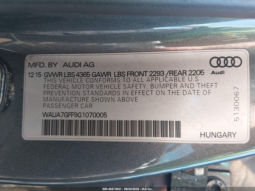2016 Audi A3 VIN WAUA7GFF9G1070005 IAAI salvage auction — RIGHT FRONT, Salvage (Ohio), sold $550 on 2026-07-16 (photo 9)