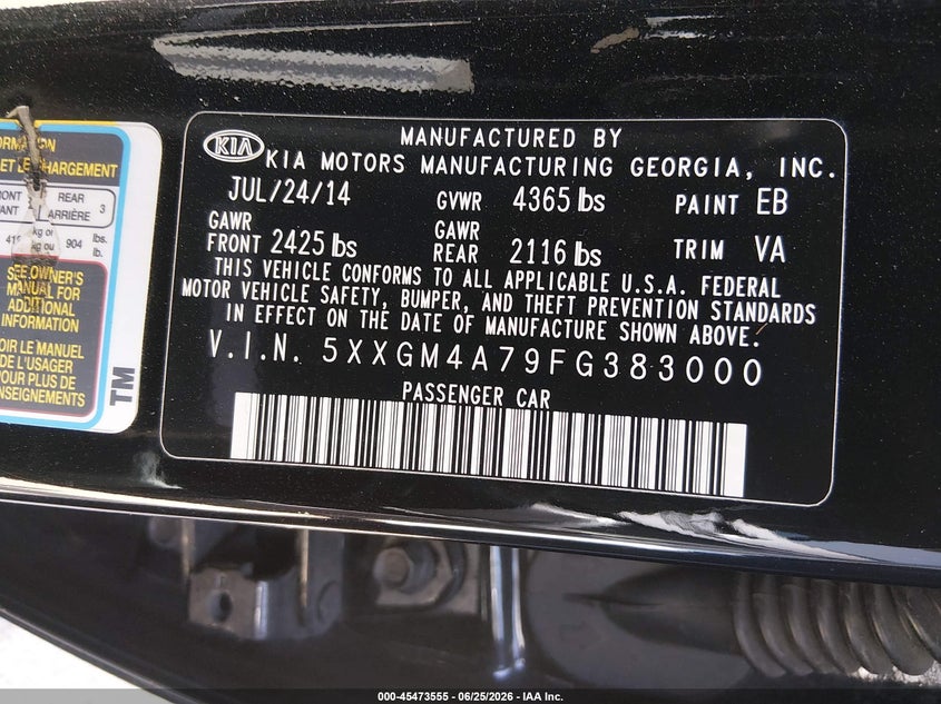 2015 Kia Optima VIN 5XXGM4A79FG383000 IAAI salvage auction — REAR END, Salvage Title, sold $875 on 2026-07-22 (photo 9)