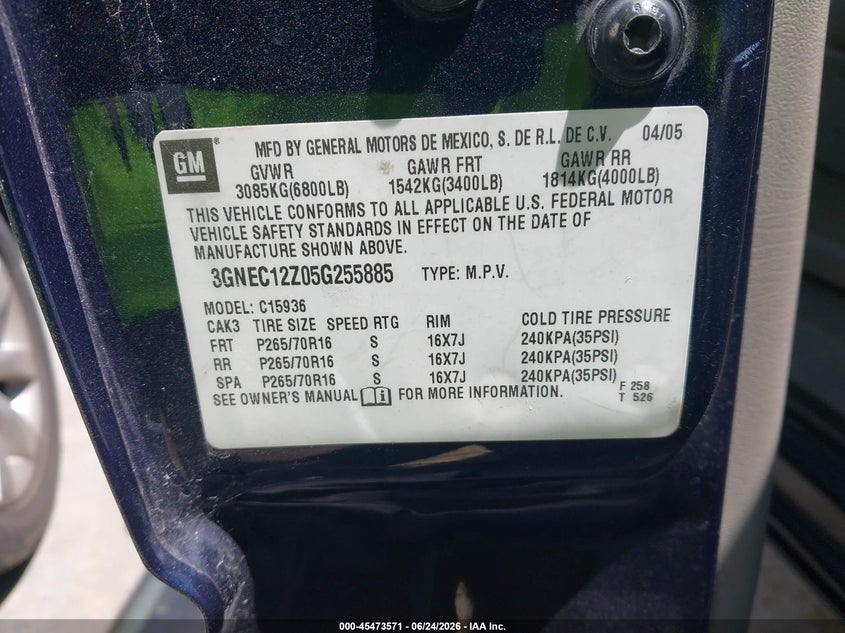 2005 Chevrolet Avalanche VIN 3GNEC12Z05G255885 IAAI salvage auction — NORMAL WEAR, Clear - Dealer Only (California), sold $750 on 2026-07-09 (photo 9)