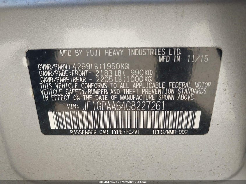 2016 Subaru Impreza VIN JF1GPAA64G8227261 IAAI salvage auction — RIGHT FRONT, Salvage Title, sold $1,850 on 2026-07-26 (photo 9)