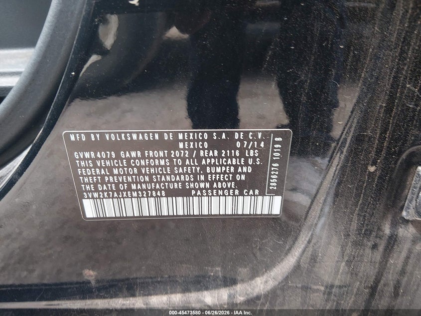2014 Volkswagen Jetta VIN 3VW2K7AJXEM327848 IAAI salvage auction — REAR END, Clear (Oklahoma), sold $1,050 on 2026-08-20 (photo 9)