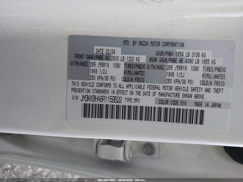 2024 Mazda Cx-90 VIN JM3KKBHA8R1159522 IAAI salvage auction — UNKNOWN, Salvage Title, sold $15,000 on 2026-08-31 (photo 9)