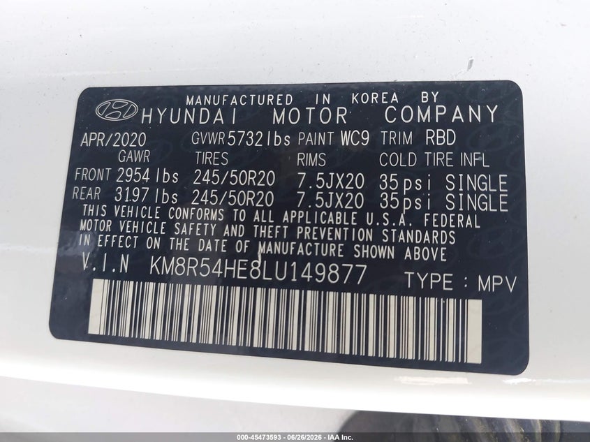 2020 Hyundai Palisade VIN KM8R54HE8LU149877 IAAI salvage auction — FRONT END, Salvage (Virginia), sold $3,950 on 2026-07-28 (photo 9)