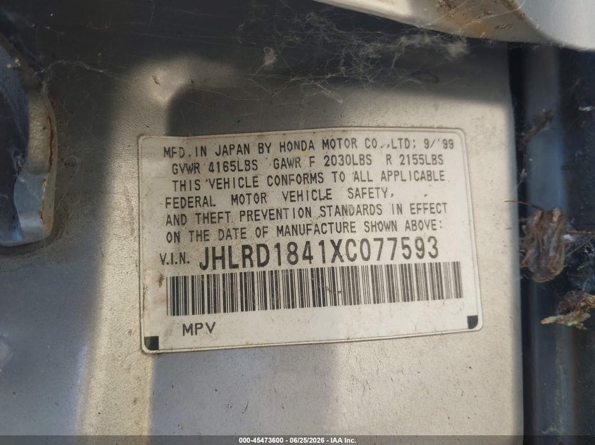 1999 Honda Cr-v VIN JHLRD1841XC077593 IAAI salvage auction — NORMAL WEAR, Clear - Dealer Only (California), sold $1,125 on 2026-07-08 (photo 9)