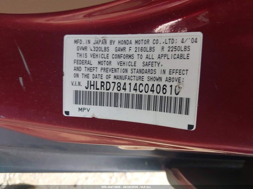 2004 Honda Cr-v VIN JHLRD78414C040610 IAAI salvage auction — LEFT FRONT, Mv-907A (New York), sold $1,250 on 2026-07-07 (photo 9)
