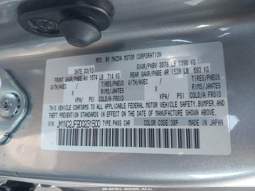 2013 Mazda Mx-5 VIN JM1NC2JF9D0231500 IAAI salvage auction — LEFT SIDE, Salvage (California), sold $1,950 on 2026-07-29 (photo 9)