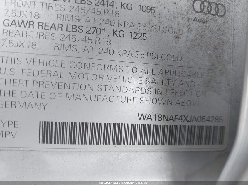 2018 Audi A4 allroad VIN WA18NAF4XJA054285 IAAI salvage auction — FRONT END, Salvage (North Carolina), sold $7,300 on 2026-07-16 (photo 9)