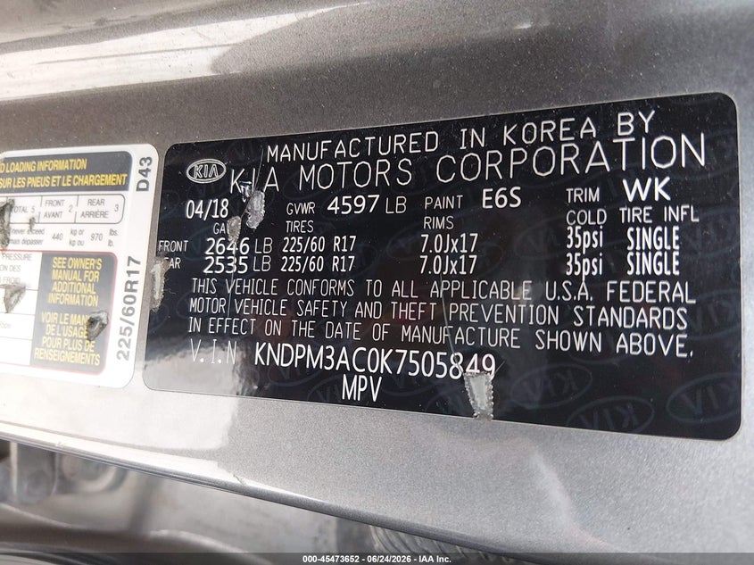 2019 Kia Sportage VIN KNDPM3AC0K7505849 IAAI salvage auction — THEFT, Salvage Title, sold $25 on 2026-07-23 (photo 9)