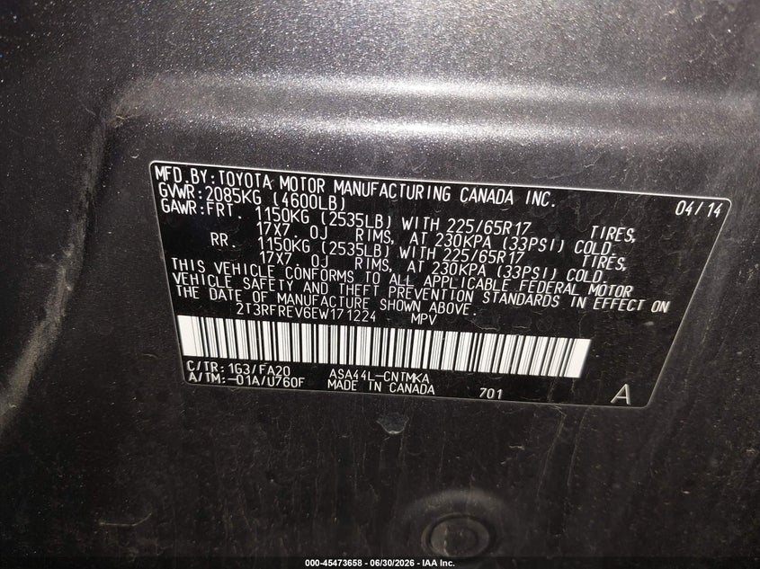 2014 Toyota Rav 4 VIN 2T3RFREV6EW171224 IAAI salvage auction — FRONT END, Salvage (Idaho), sold $3,150 on 2026-07-10 (photo 9)