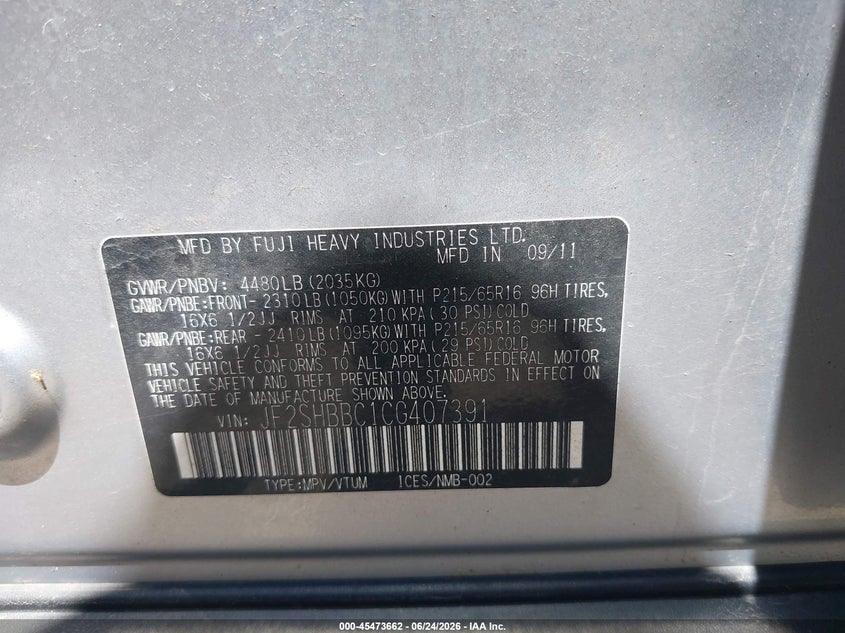 2012 Subaru Forester VIN JF2SHBBC1CG407391 IAAI salvage auction — NORMAL WEAR, Original (Ohio), sold $350 on 2026-07-28 (photo 9)