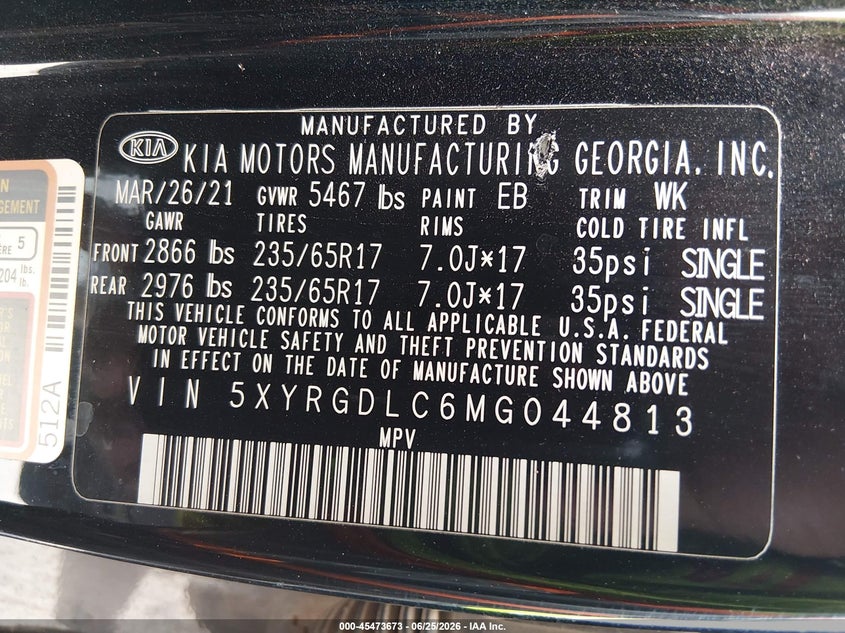 2021 Kia Sorento VIN 5XYRGDLC6MG044813 IAAI salvage auction — REAR END, Salvage Title, sold $4,700 on 2026-07-28 (photo 9)