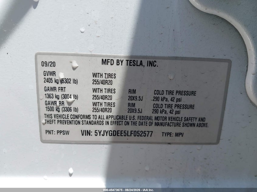 2020 Tesla Model y VIN 5YJYGDEE5LF052577 IAAI salvage auction — ELECTRICAL, Salvage Title, sold $12,100 on 2026-07-20 (photo 9)