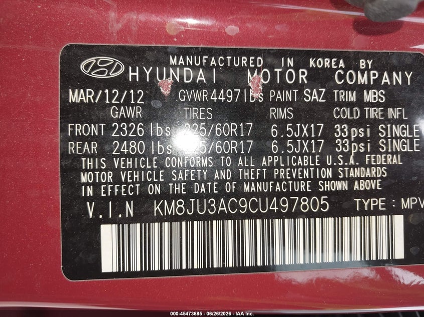 2012 Hyundai Tucson VIN KM8JU3AC9CU497805 IAAI salvage auction — FRONT END, Salvage Title, sold $675 on 2026-07-29 (photo 9)