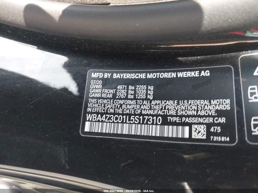2020 BMW 4er VIN WBA4Z3C01L5S17310 IAAI salvage auction — LEFT SIDE, Salvage (New Jersey), sold $8,025 on 2026-08-31 (photo 9)