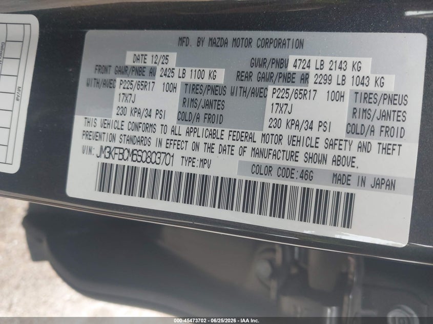 2025 Mazda Cx-5 VIN JM3KFBCM6S0803701 IAAI salvage auction — FRONT END, Salvage Title, sold $3,900 on 2026-07-23 (photo 9)