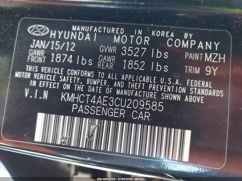2012 Hyundai Accent VIN KMHCT4AE3CU209585 IAAI salvage auction — FRONT & REAR, Salvage (California), sold $1,225 on 2026-07-14 (photo 9)