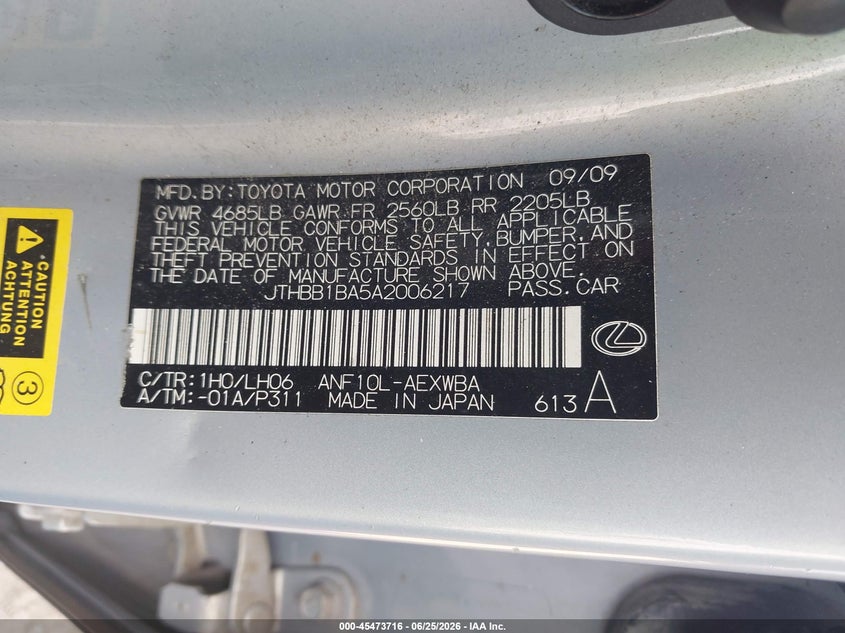 2010 Lexus Hs VIN JTHBB1BA5A2006217 IAAI salvage auction — NORMAL WEAR, Original (Texas), sold $1,350 on 2026-07-28 (photo 9)