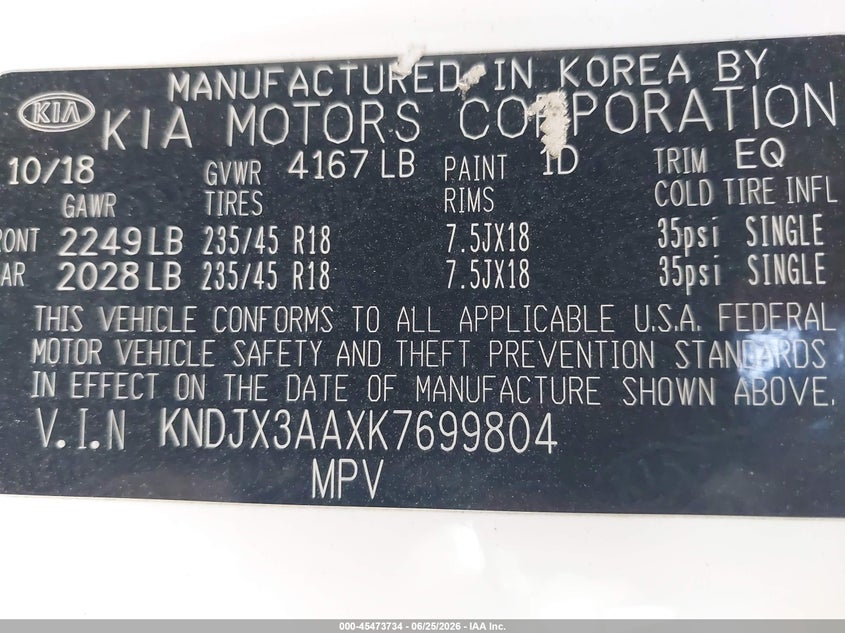 2019 Kia Soul VIN KNDJX3AAXK7699804 IAAI salvage auction — ROLLOVER, Wait Title, sold $1,300 on 2026-08-27 (photo 9)