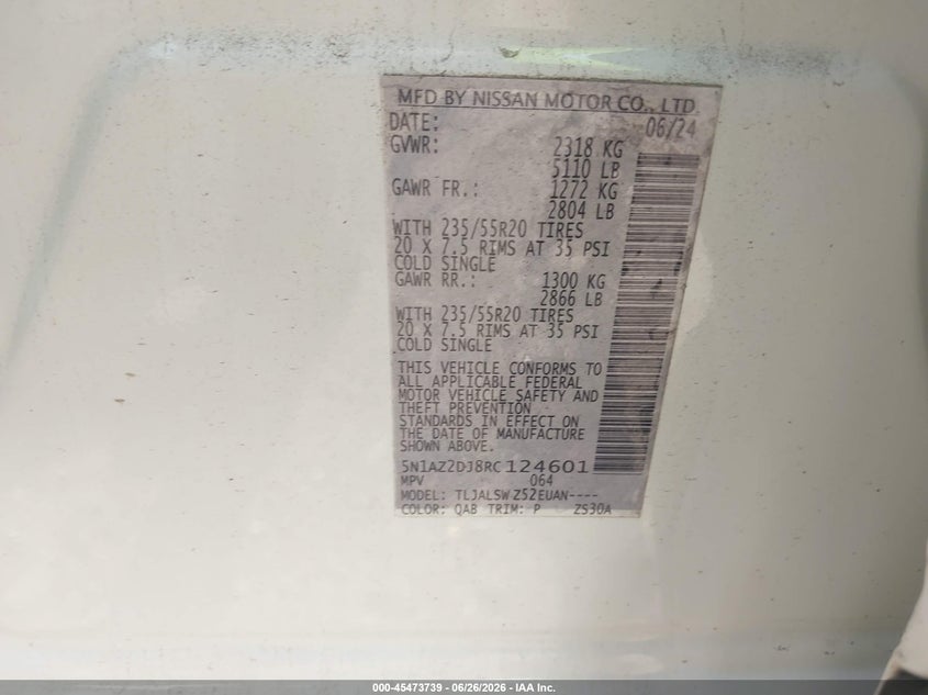 2024 Nissan Murano VIN 5N1AZ2DJ8RC124601 IAAI salvage auction — SIDE, Wait Title, sold $7,200 on 2026-08-20 (photo 9)