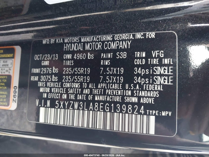 2014 Hyundai Santa fe VIN 5XYZW3LA8EG139824 IAAI salvage auction — NORMAL WEAR, Original (Ohio), sold $1,200 on 2026-07-14 (photo 9)