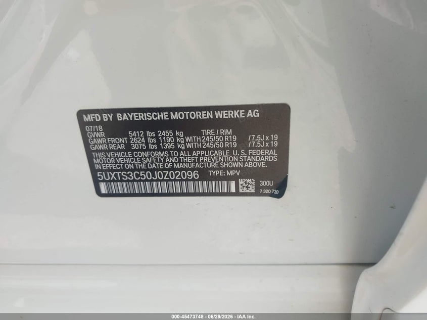 2018 BMW X3 VIN 5UXTS3C50J0Z02096 IAAI salvage auction — FRONT END, Salvage Title, sold $5,700 on 2026-07-21 (photo 9)