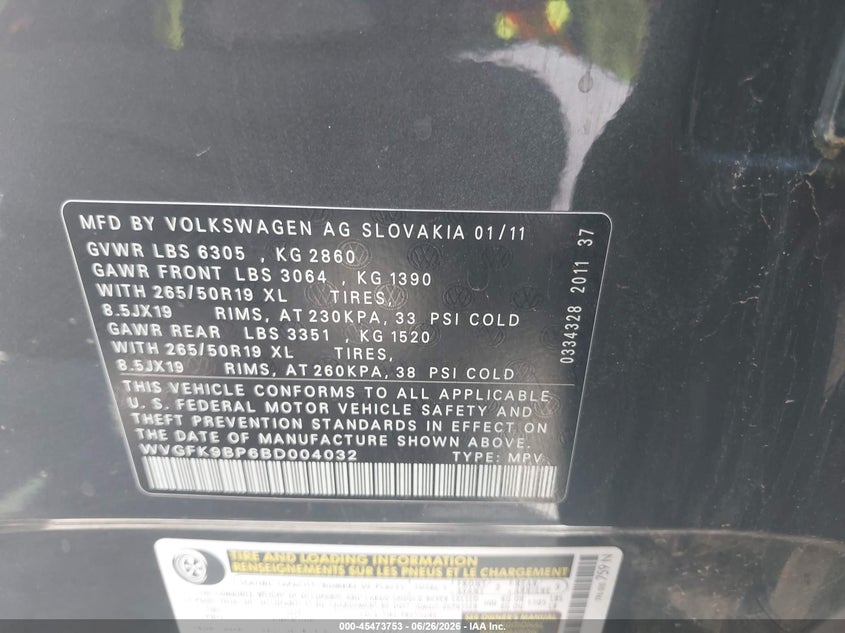 2011 Volkswagen Touareg VIN WVGFK9BP6BD004032 IAAI salvage auction — FRONT END, Salvage (Arizona), sold $3,150 on 2026-07-14 (photo 9)