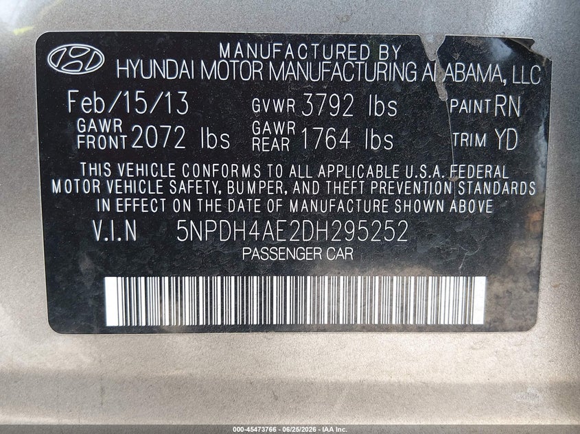 2013 Hyundai Elantra VIN 5NPDH4AE2DH295252 IAAI salvage auction — FRONT END, Salvage Title, sold $400 on 2026-07-23 (photo 9)