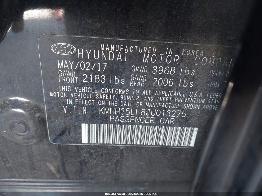 2018 Hyundai Elantra VIN KMHH35LE8JU013275 IAAI salvage auction — RIGHT FRONT, Salvage (California), sold $1,050 on 2026-07-09 (photo 9)