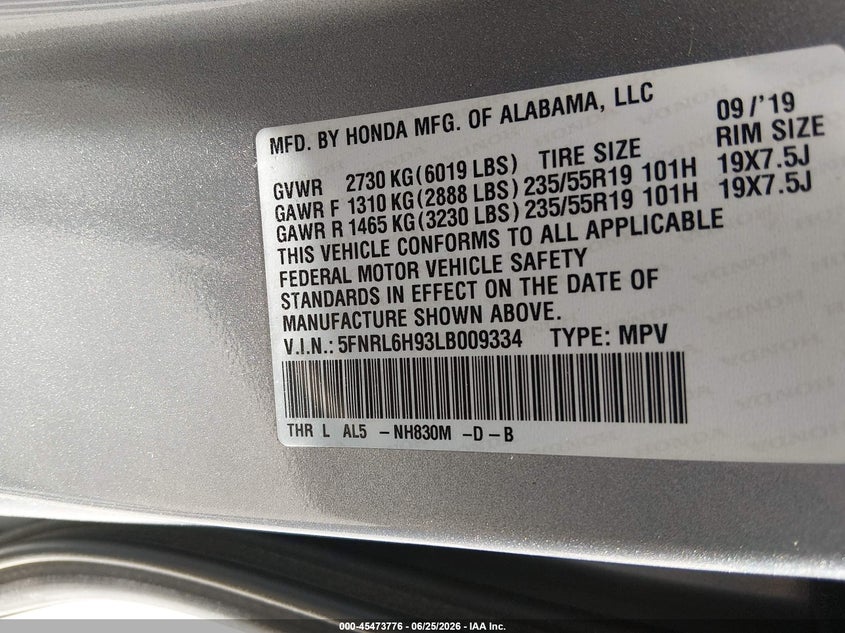 2020 Honda Odyssey VIN 5FNRL6H93LB009334 IAAI salvage auction — FRONT END, Salvage (Utah), sold $4,900 on 2026-07-10 (photo 9)