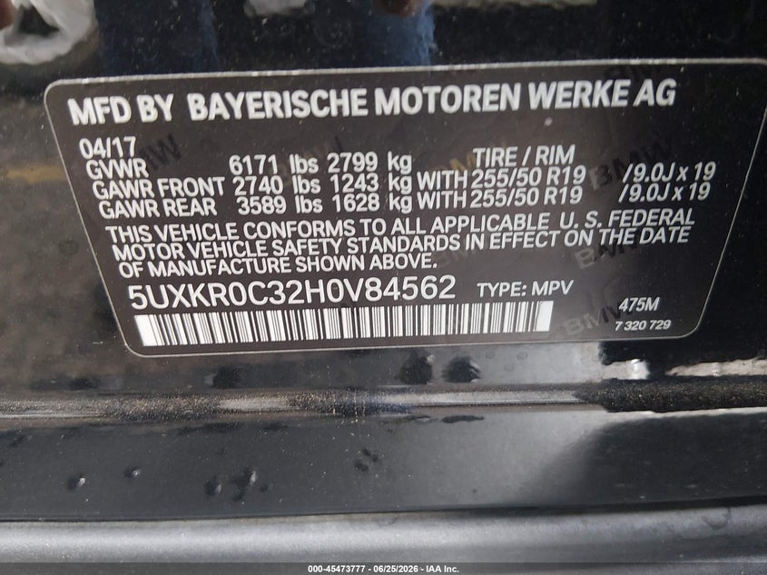2017 BMW X5 VIN 5UXKR0C32H0V84562 IAAI salvage auction — FRONT END, Salvage (Colorado), sold $4,400 on 2026-09-08 (photo 9)