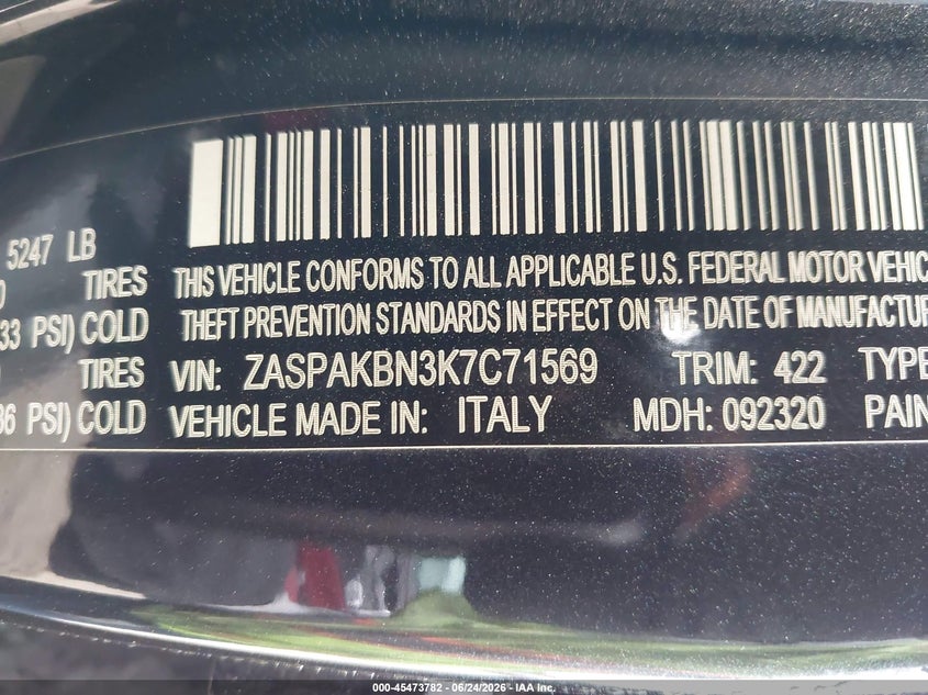 2019 Alfa romeo Stelvio VIN ZASPAKBN3K7C71569 IAAI salvage auction — SIDE, Salvage (Nebraska), sold $4,850 on 2026-07-29 (photo 9)