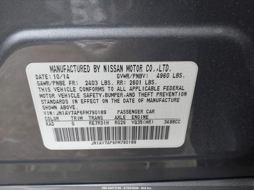 2015 Infiniti Q50 VIN JN1AV7AP6FM790189 IAAI salvage auction — LEFT FRONT, Salvage Certificate (California), sold $1,100 on 2026-07-22 (photo 9)