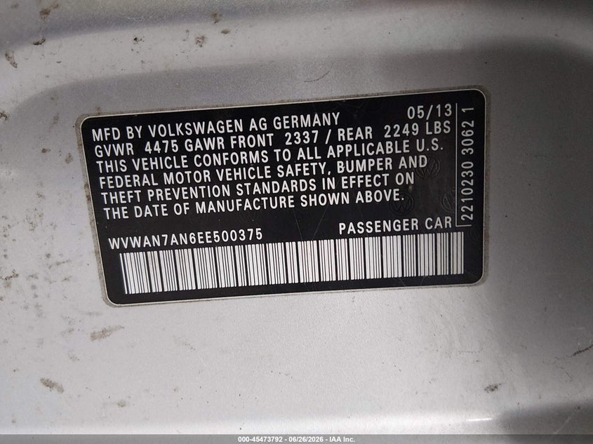 2014 Volkswagen Passat cc VIN WVWAN7AN6EE500375 IAAI salvage auction — ENGINE DAMAGE, Clear (Florida), sold $375 on 2026-07-08 (photo 9)