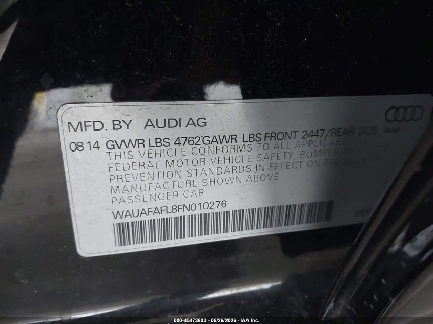 2015 Audi A4 VIN WAUAFAFL8FN010276 IAAI salvage auction — FRONT END, Salvage (California), sold $1,700 on 2026-07-08 (photo 9)