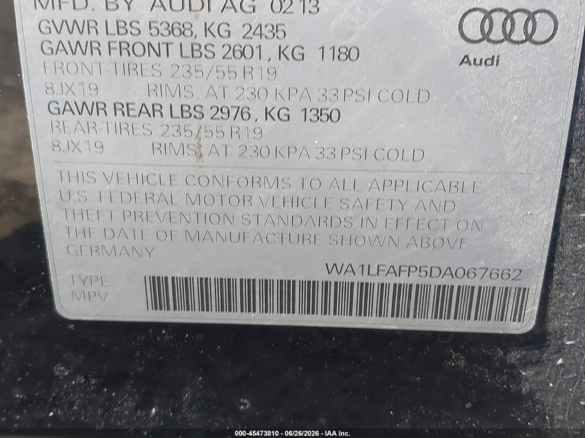 2013 Audi Q5 VIN WA1LFAFP5DA067662 IAAI salvage auction — UNKNOWN, Clear (Arizona), sold $1,250 on 2026-07-15 (photo 9)