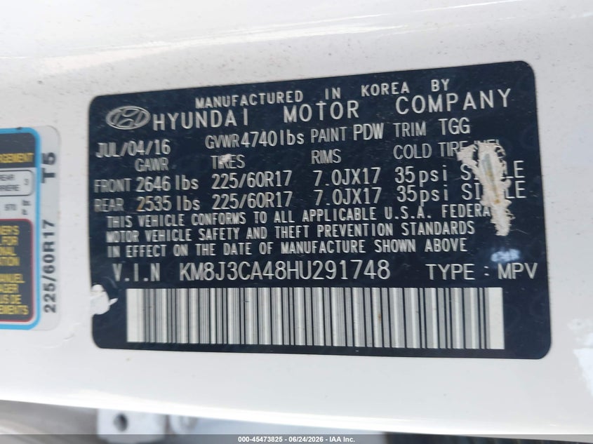 2017 Hyundai Tucson VIN KM8J3CA48HU291748 IAAI salvage auction — NORMAL WEAR, Clear (Pennsylvania), sold $4,125 on 2026-07-24 (photo 9)