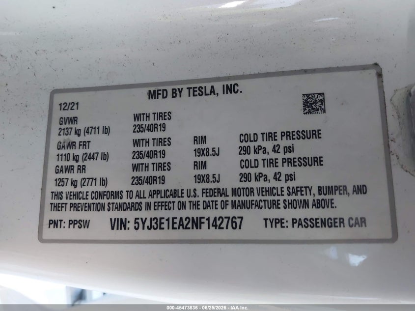 2022 Tesla Model 3 VIN 5YJ3E1EA2NF142767 IAAI salvage auction — ELECTRICAL, Salvage Title, sold $4,550 on 2026-07-21 (photo 9)