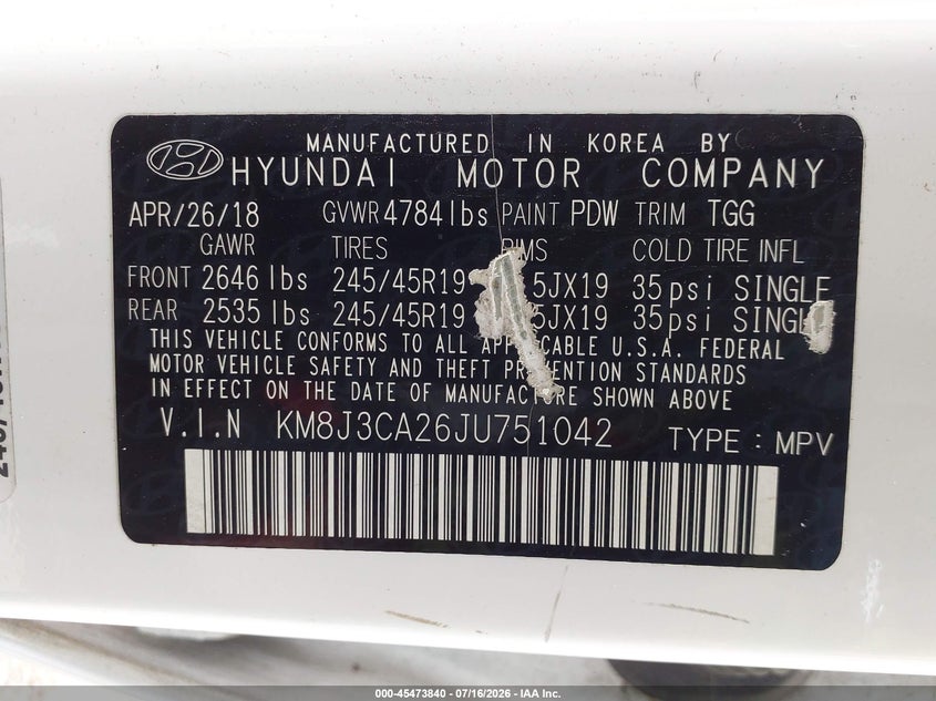 2018 Hyundai Tucson VIN KM8J3CA26JU751042 IAAI salvage auction — NORMAL WEAR, Clear (Pennsylvania), sold $3,300 on 2026-07-23 (photo 9)