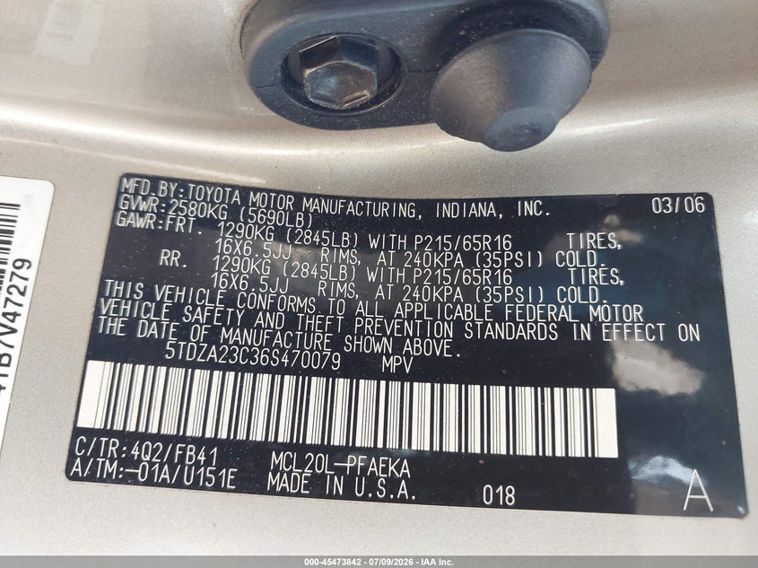 2006 Toyota Sienna VIN 5TDZA23C36S470079 IAAI salvage auction — NORMAL WEAR, Clear (Pennsylvania), sold $1,100 on 2026-07-14 (photo 9)