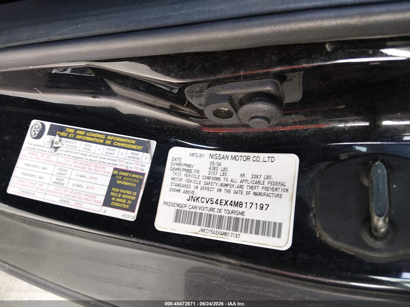 2004 Infiniti G35 VIN JNKCV54EX4M817197 IAAI salvage auction — NORMAL WEAR, Clear (Florida), sold $575 on 2026-07-29 (photo 9)