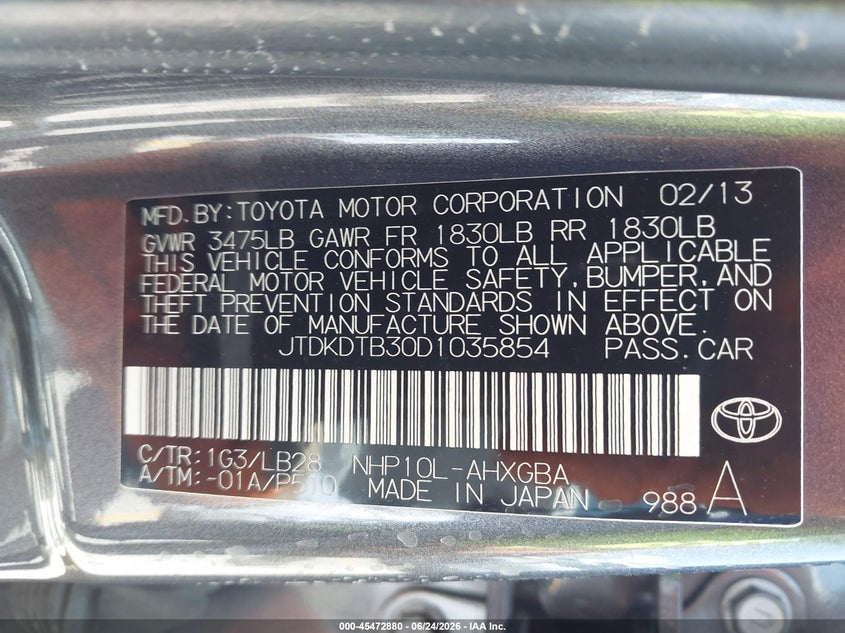 2013 Toyota Prius c VIN JTDKDTB30D1035854 IAAI salvage auction — FRONT END, Salvage (California), sold $1,450 on 2026-07-07 (photo 9)
