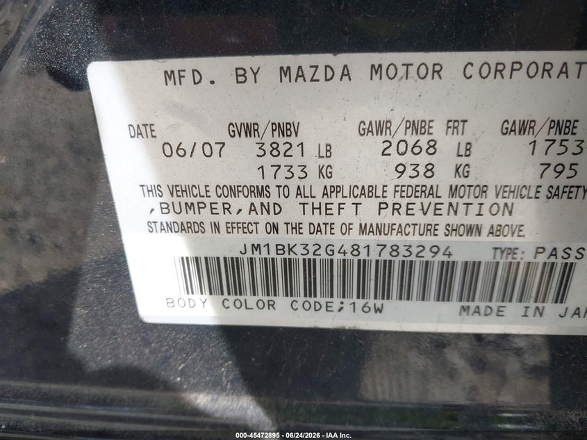 2008 Mazda 3 VIN JM1BK32G481783294 IAAI salvage auction — FRONT END, Mv-907A (New York), sold $225 on 2026-07-14 (photo 9)