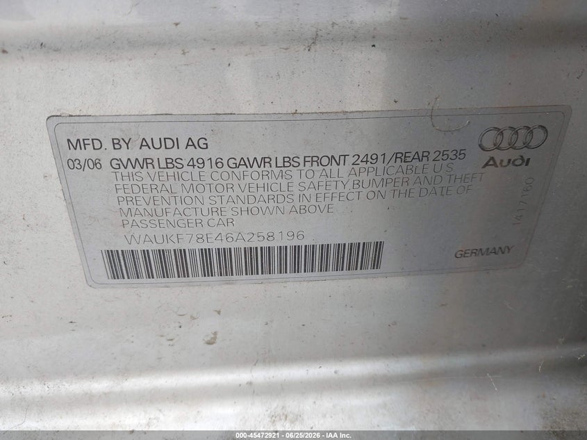 2006 Audi A4 VIN WAUKF78E46A258196 IAAI salvage auction — FRONT END, Bill Of Sale (Washington), sold $1,250 on 2026-07-15 (photo 9)